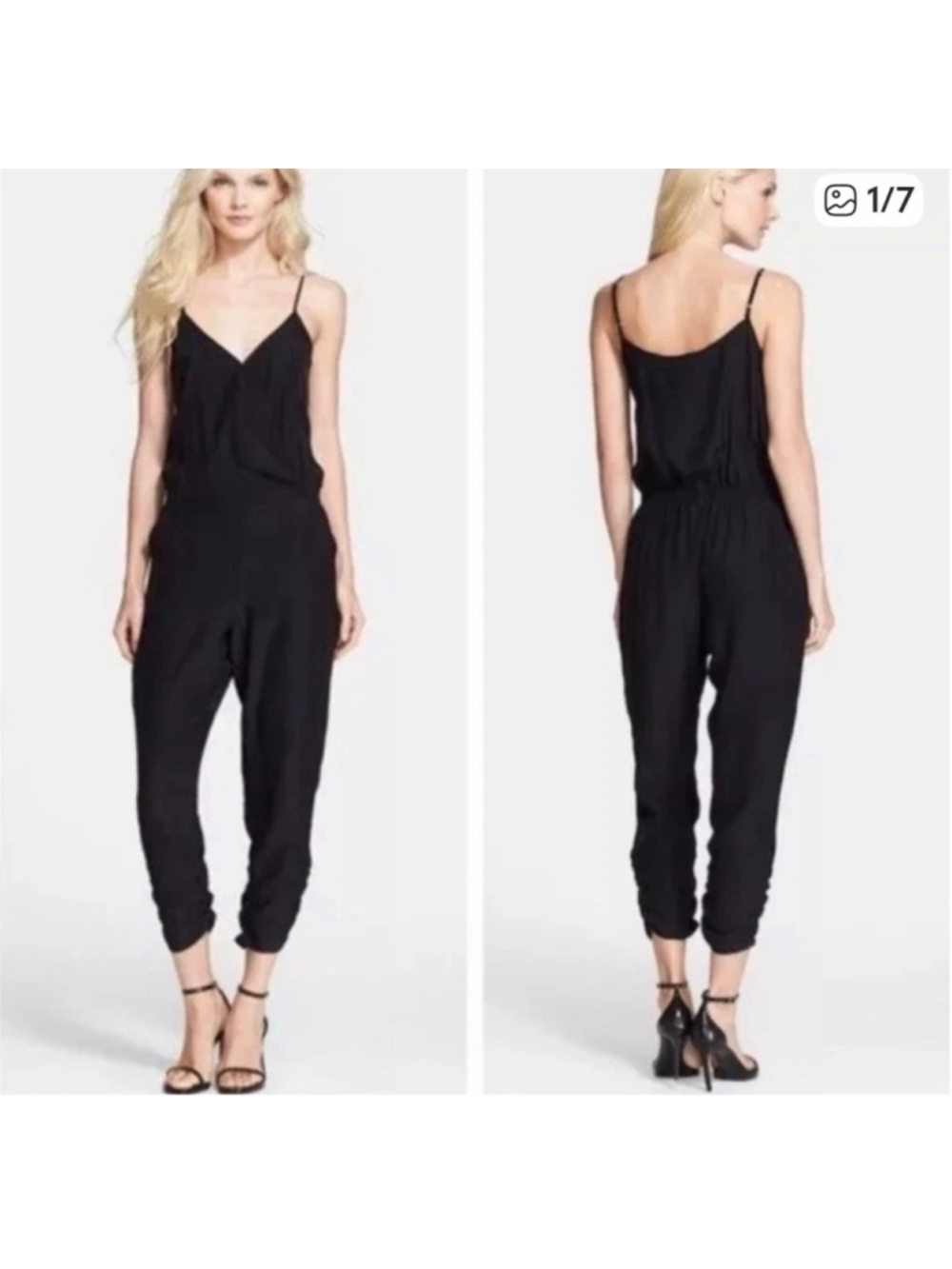 Parker Jumpsuit V Neck Ruched Hem Size XS 100% Silk Black One Piece Jumpsuit - Picture 2 of 9